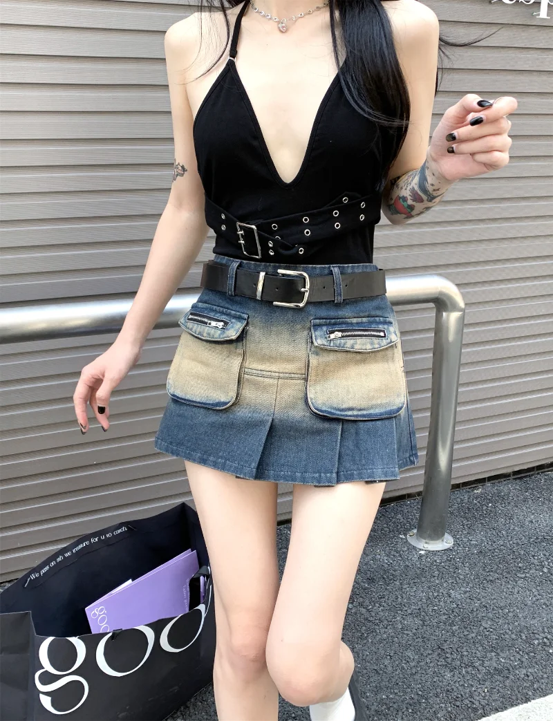

Женская джинсовая юбка с большими карманами, трапециевидная мини-юбка с карманами и высокой талией в американском уличном стиле, лето