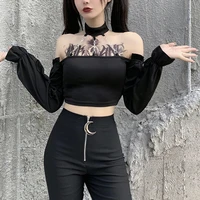 2000s e girl style punk chain shoulder tees gothic sexy backless grunge black halter crop tops women long sleeve autumn t shirt
