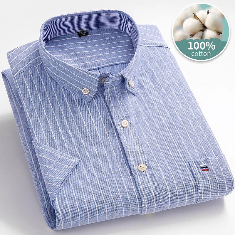 Men's Short Sleeve 100% Cotton Shirts Summer Middle-aged and Young Cotton Oxford Spinning Casual Shirts Men's
