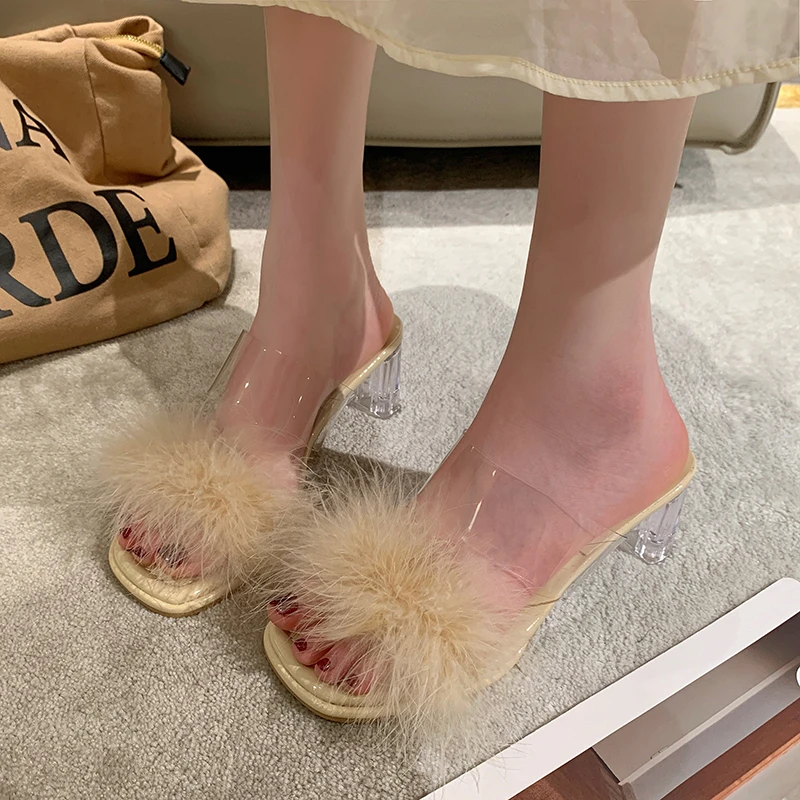 

Shoes for Women 2023 New Peep Toe Women's Slippers Summer Sexy High Heels Transparent One Word Buckle Slippers Ladies Shoes