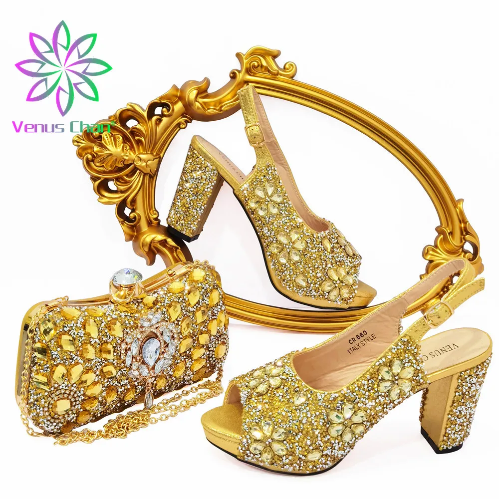 

Shoes and Bag Set Gold Color Matching Women Shoes and Bags Italian Shoes and Matching Bag for Wedding Nigerian Women Party Shoe
