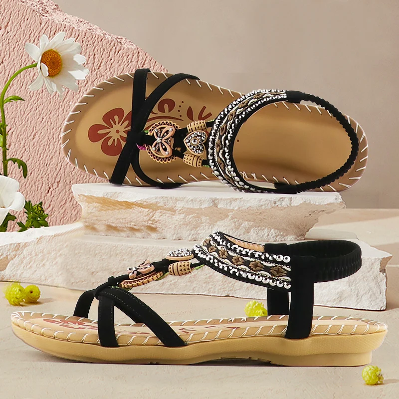 Sandals for Women Casual vintage Rhinestone Platform Sandals Summer Beach Shoes Soft Elastic Band Ladies Sandals