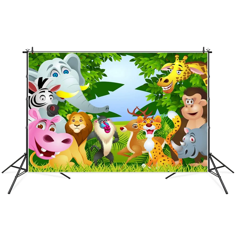 

Jungle Forest Safari Party Baby Photography Backgrounds Banner Green Grassland Leaves Deer Monkey Elephant Photo Backdrops Props