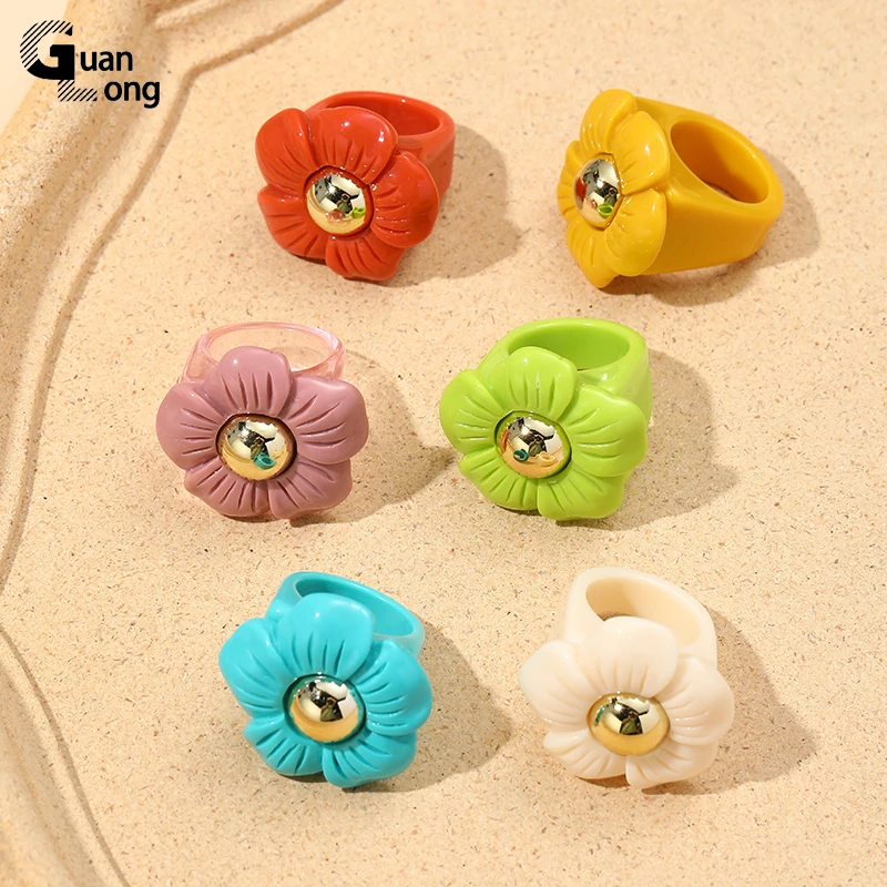 

GuanLong Vintage Flower Big Stud Earings & Ring Fashion Jewelry Set for Women 2022 Trend New Cute Korean Women's Ring Set Summer