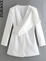 xnwmnz 2022 women fashion v neck blazer dress retro long sleeve front pleated knot female chic short dress