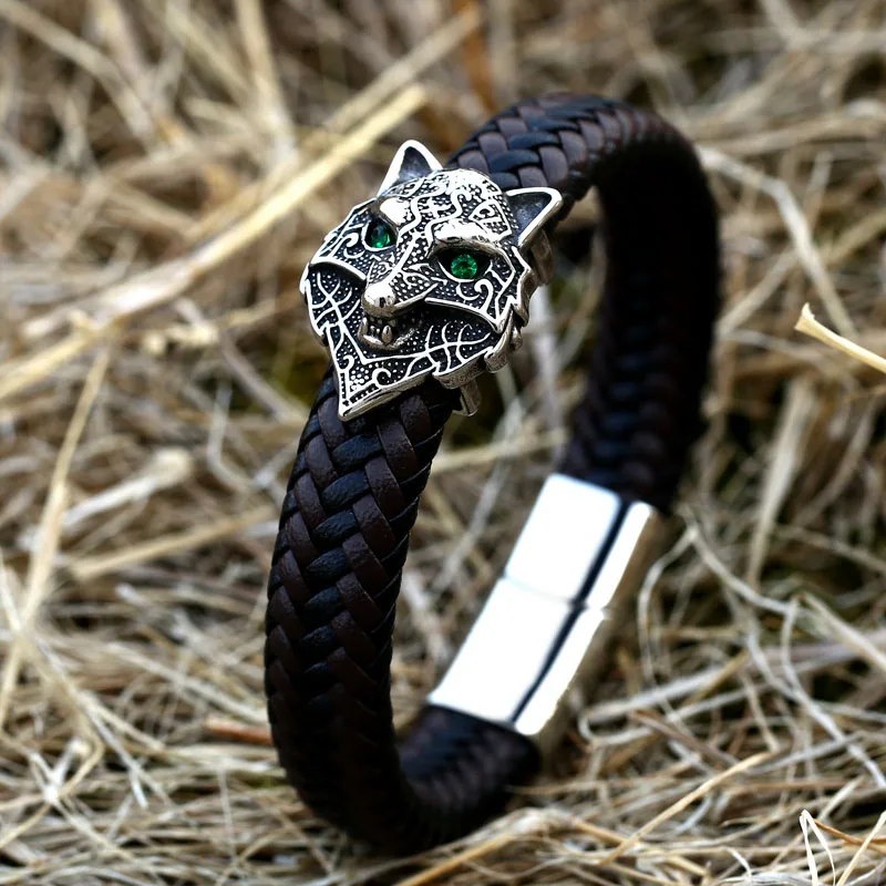 Мужской кожаный браслет с головой волка Beier, браслет ручной работы с зелеными глазами из нержавеющей стали 316L