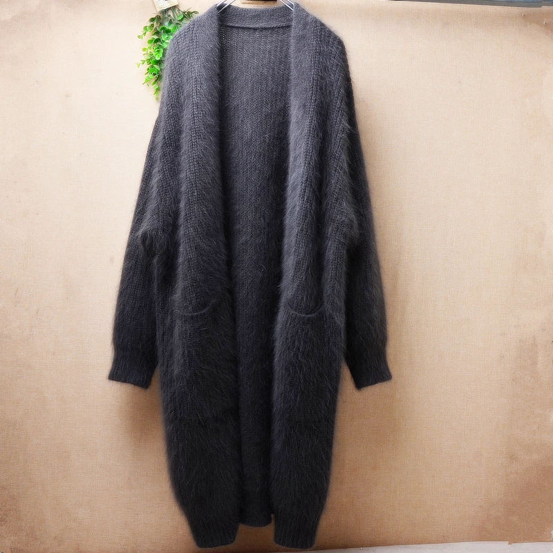 

Female Women Fall Winter Clothing Mink Cashmere Knitted Long Batwing Sleeves Loose Cardigans Angora Fur Long Cardigans Coat Pull
