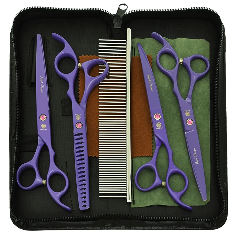 

7 inch Purple Dragon Pet Dog Grooming Scissors Sharp Edge Straight Curved Cutting Shears 18 Teeth Thinning Animal Tools B0039B