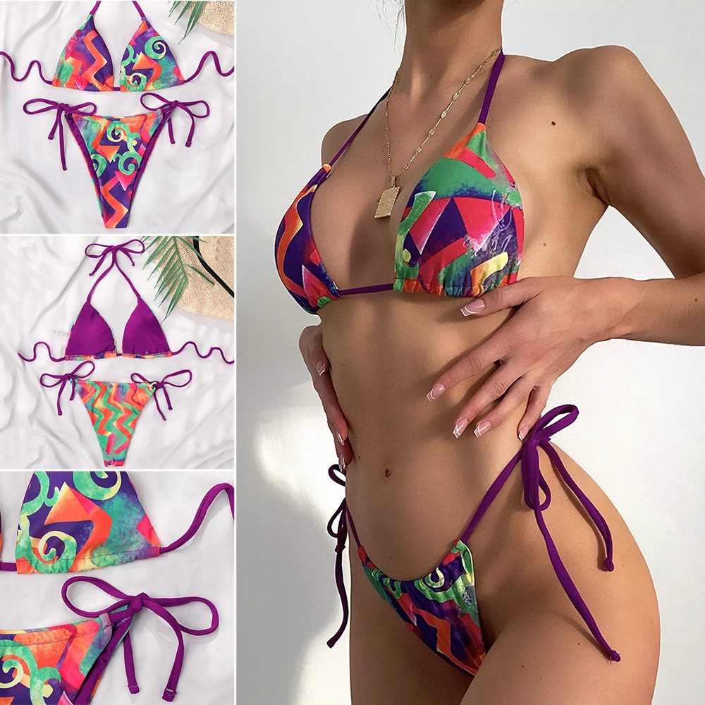 

New Print Women's Swimsuit Sexy Tie Backless Bikini Summer Bathing Suit Thin Underwear Sunbathing Clothes Spa Clothing MC889