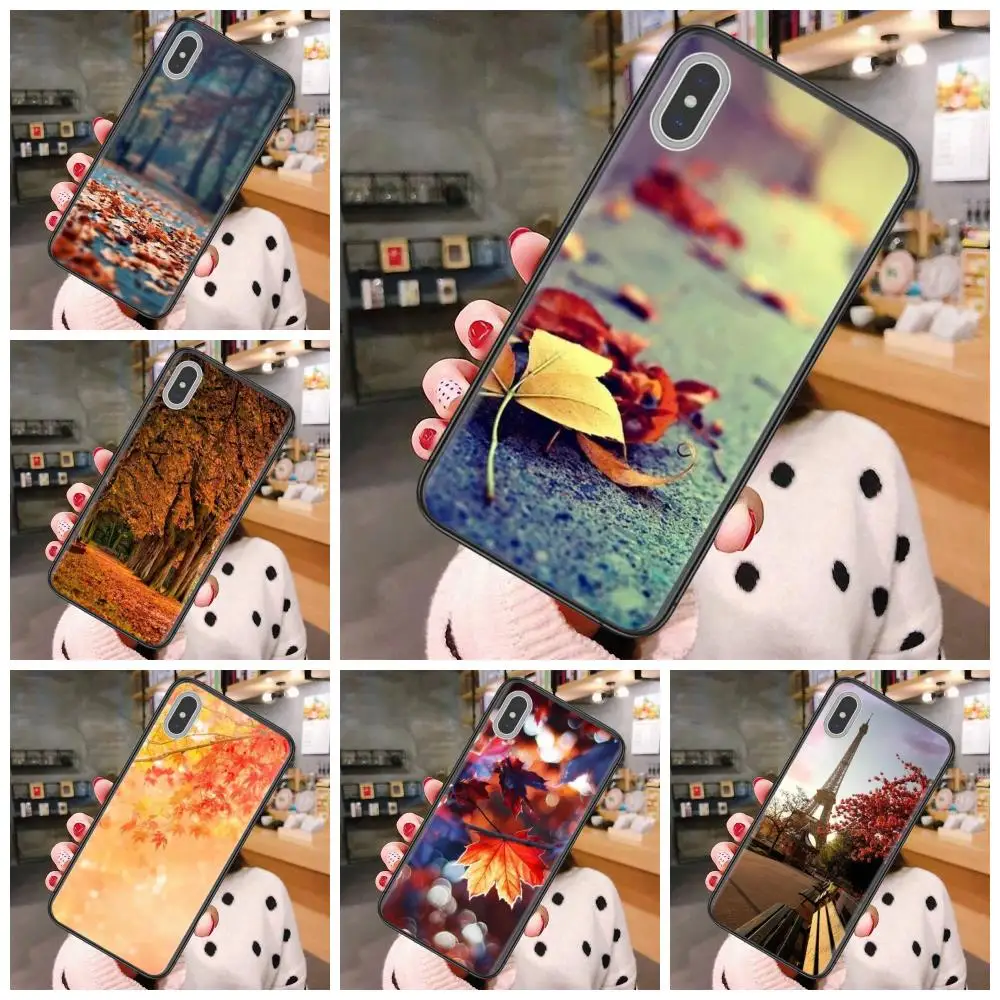 

For iPhone 13 12 11 Pro Max 6 X 8 6S 7 Plus XS XR Mini 5S SE 7P 6P Authentic Autumn Rusty Leaves Park Alley Black Back Silicone