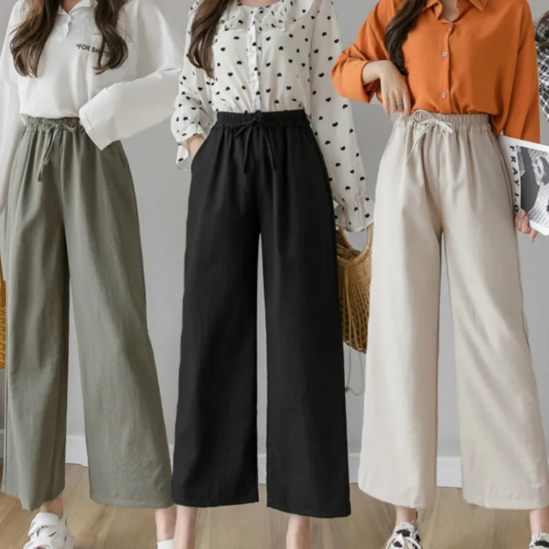 

Casual Cotton Linen Pants Women Spring High Waist Wide Leg Pants Summer Office Band Palazzo Trousers Female Black Loose Pants