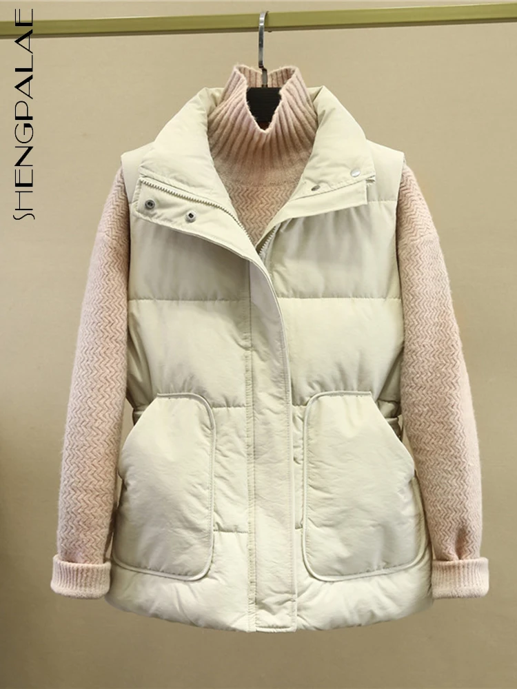 

SHENGPALAE Fashion Contton Vest Women's Autumn 2022 Stand Collar Sleeveless Zipper Loose Coats Solid Color Waistcoat 5W586