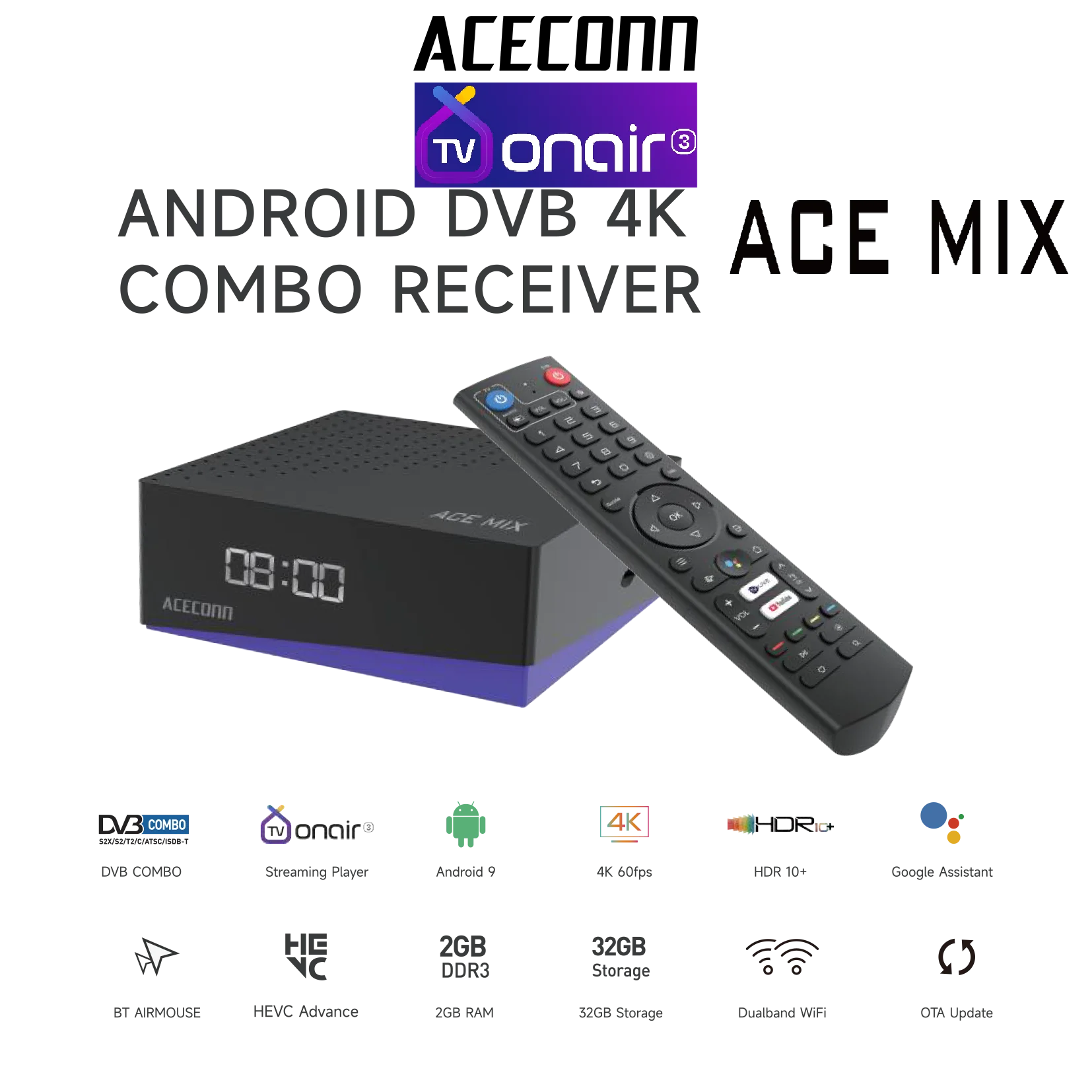 Android 9.0 DVB-S2T2C ACECONN TVonair Легко добавить IPTV Abonment Box Спутниковый ресивер 2 ГБ 32 ГБ Двухдиапазонный Wi-Fi жесткое декодирование (art.: 3920d14d50bcb) - 3920d14d50bcb