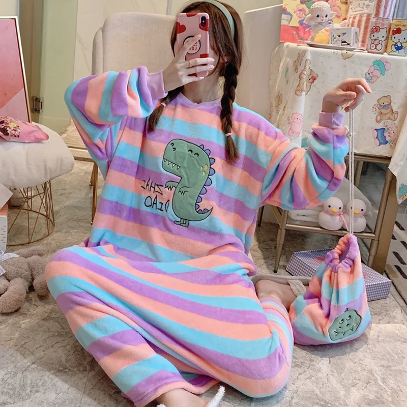 

Women Kawaii Nightgowns Sleepwear Thicken Big Size Negligee Strawberry Loungewear Winter Warm Flannel Dress Printed Long Gowns