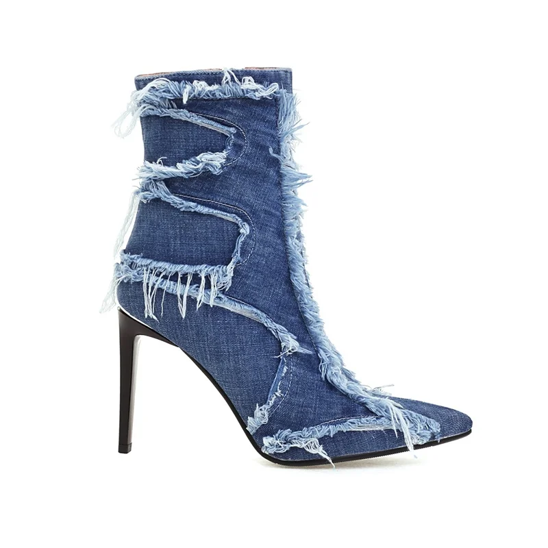 European pop street lady denim summer ankle boots for women sexy lady pointed toe zipper riding boots high heels women pumps