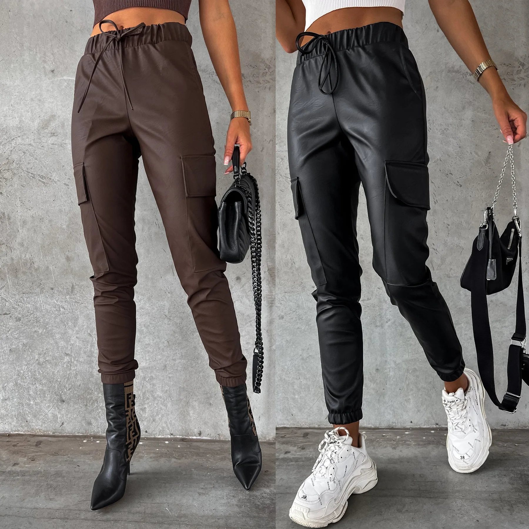 Women's Casual Faux Leather Jogger Pants Fashion High Waist Solid Color Flap Pocket Leggings Streetwear