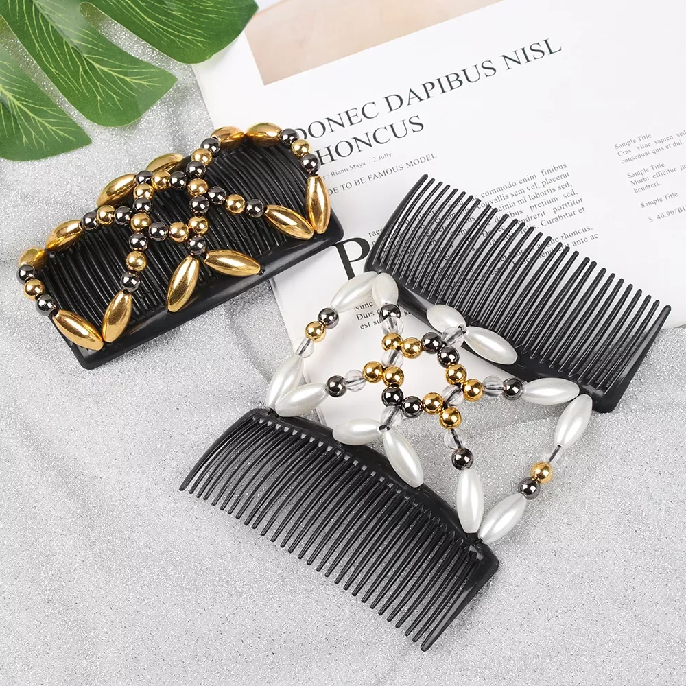 PC Hair Comb Stretch Double Comb Beaded Hair Clip Elastic Hairpin Claw Bun Maker Headwear Women DIY Hair Styling Tools