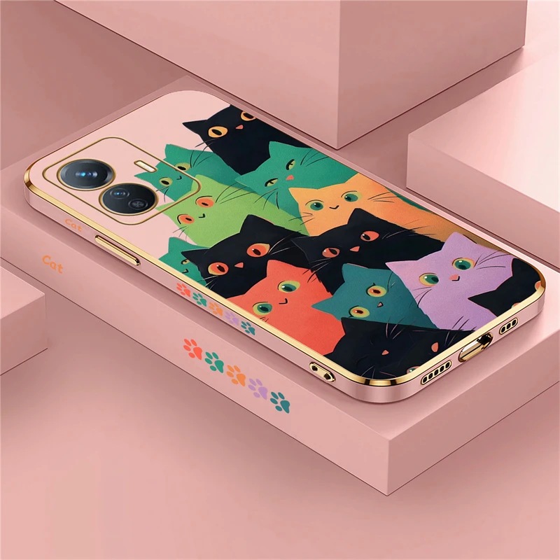 Phone Case For Vivo V23 V23E V29 V27E V27 V25 V21 V21E V20 V19 V40 V30E V30 Pro V25E V17 V29E Plating Colorful Cats Print Cover