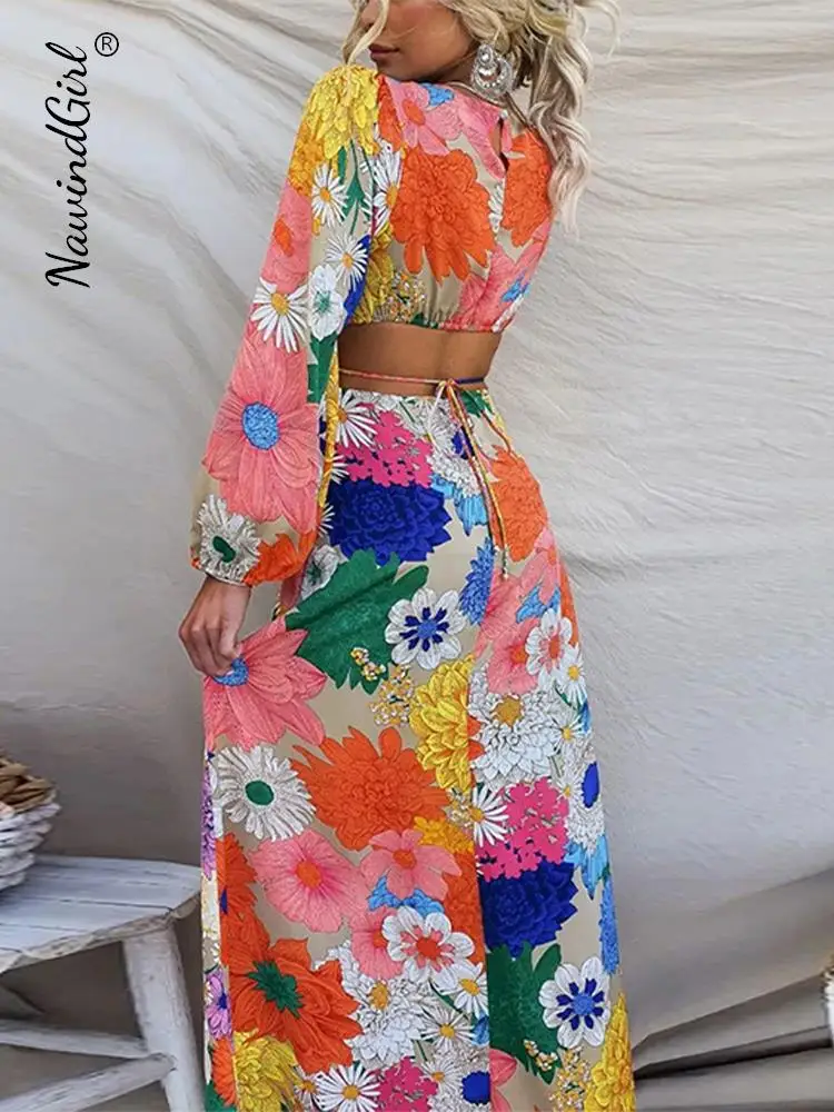 

Flower Printed Lace Up Open Waist Dress Women 2023 Summer Elegant O-neck Full Sleeve Famale Dresses Hollow Out Holiday Vestido