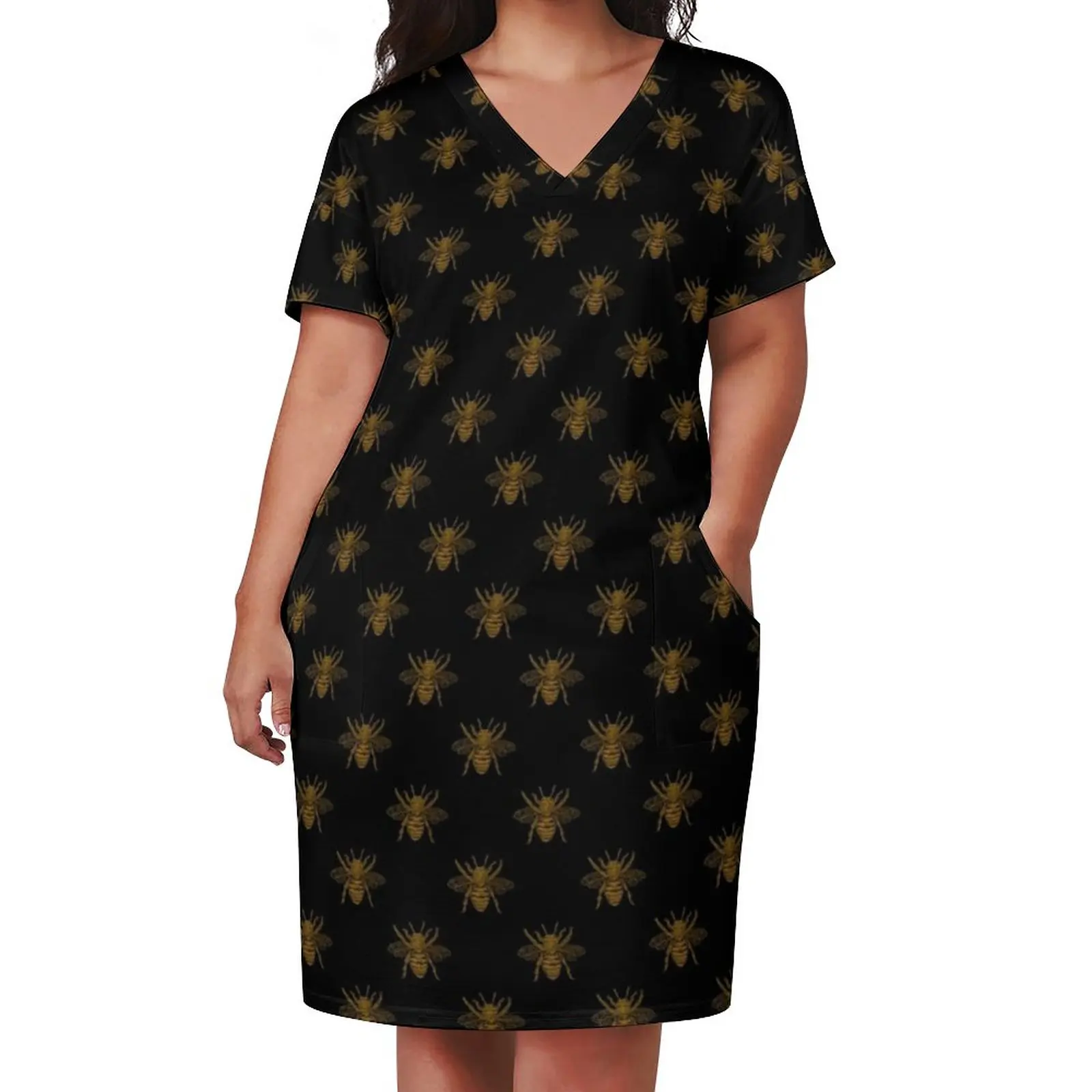 Gold Metallic Bees Dress Plus Size Animal Honeybee Print Street Style Casual Dress Woman Spring V Neck Sexy Dresses Gift Idea