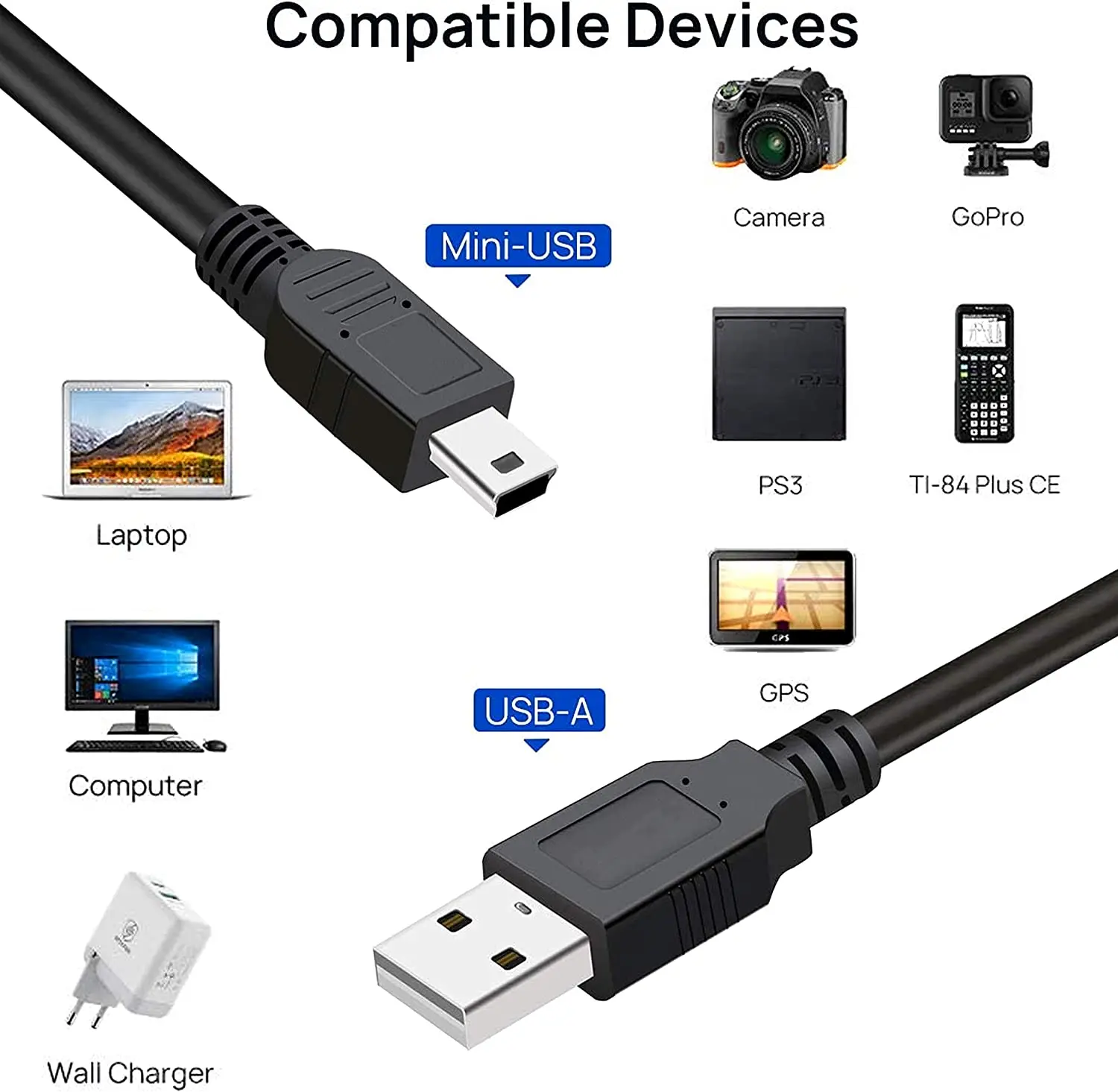 Кабель Mini USB кабель 2.0 Type A Male to B для зарядки совместимый с Hero 3+ контроллер PS3