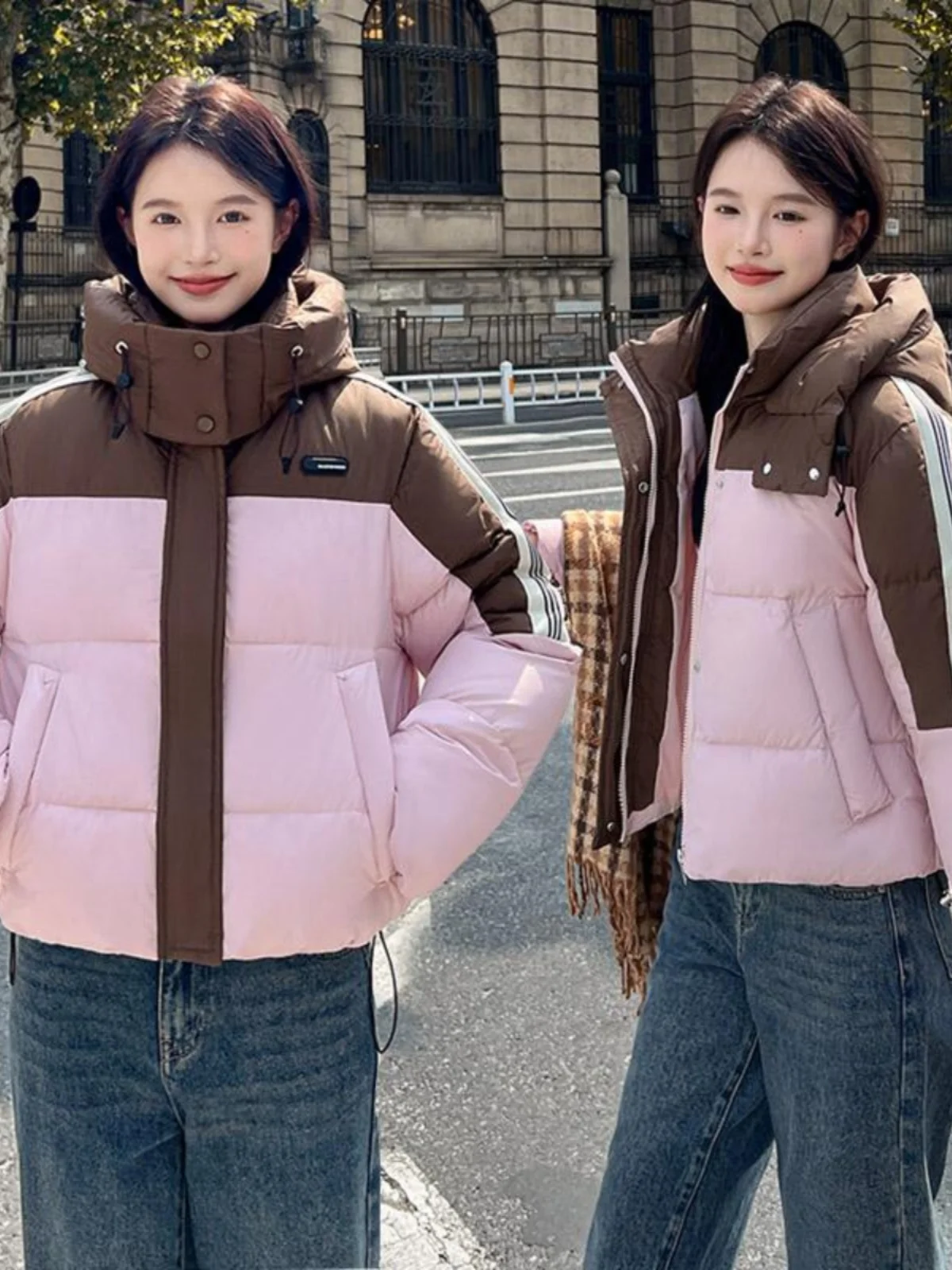 Корейский пуховик контрастного цвета с хлопковой подкладкой женская зимняя