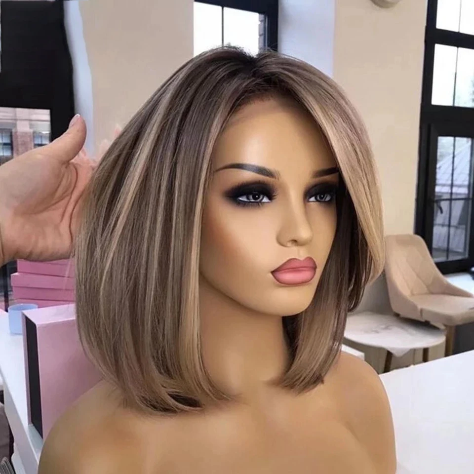 

Short Bob Highlight Ombre Ash Blonde Body Wave 13*4 Lace Front Wig Pre Plucked Glueless European Human Hair For Black Women
