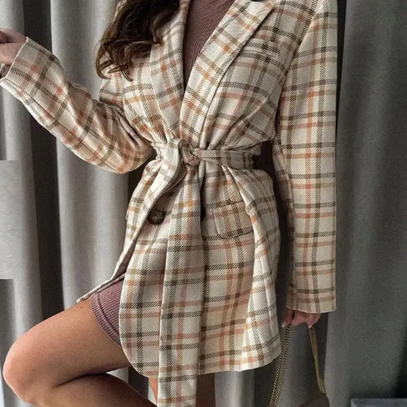 

Elegant Long Sleeve Casual Jacket Women Autumn Winter Solid Color Sweet Vintage Korean Loose Zip Up Fashion Plaid Coat 2022