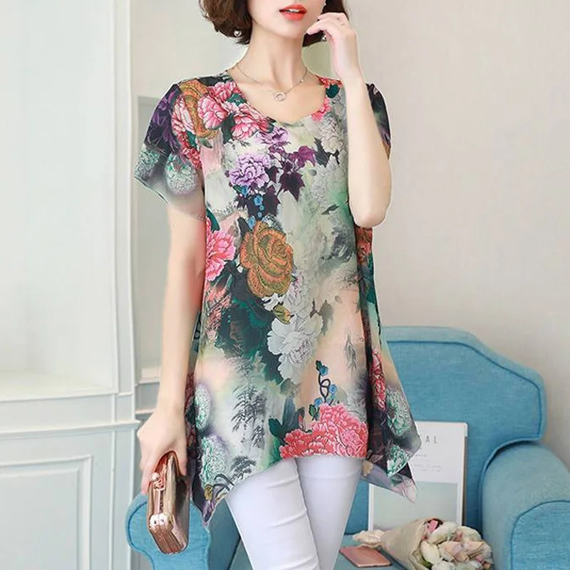 

2023 New Fashion High-end Temperament Women's Clothing Oversized Loose Casual Print Foreign Style Mid Length Slimming T-shirt