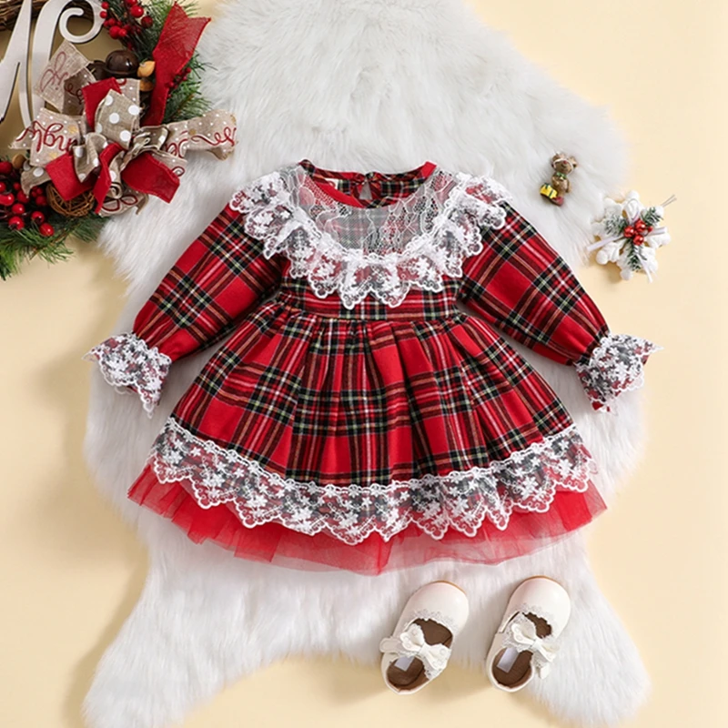 

Christmas 6M-5Y Newborn Dress Toddler Lace Trim Plaid Tulle Party Dress Little Girl Ruched Long Sleeve Mini Dress