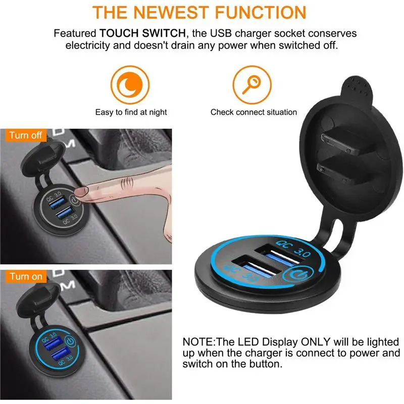 Фото A48P-4X 12В USB-розетка, двойной USB-порт QC 3.0 для автомобиля с выключателем, водонепроницаемая USB-розетка 36 Вт (с пробойником 1,1 дюйма) №5
