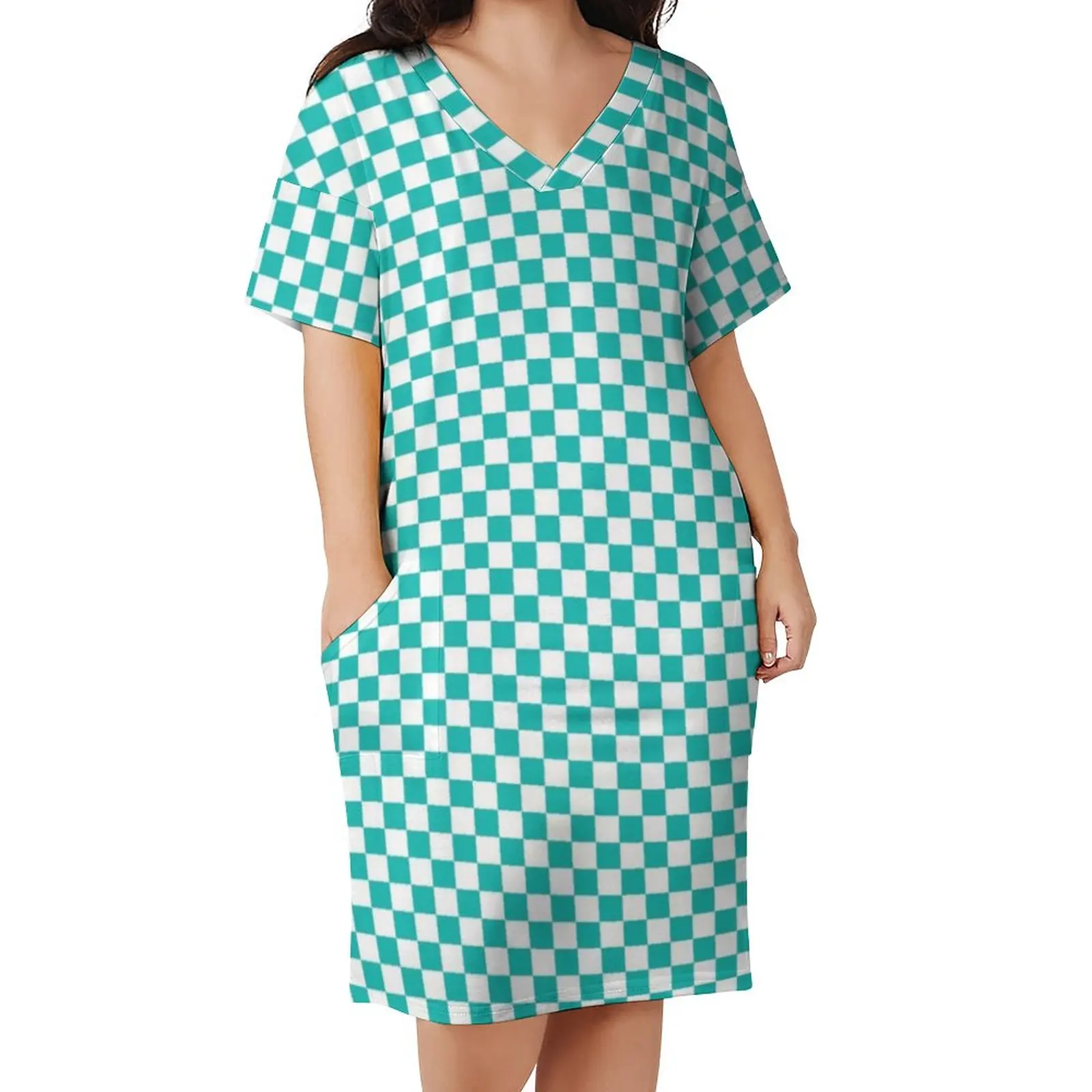 

Aqua Checkerboard Dress V Neck Green White Squares Aesthetic Dresses Summer Trendy Casual Dress Womens Graphic Plus Size Vestido