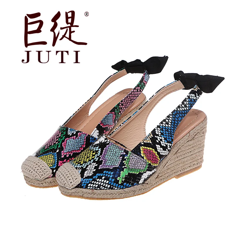 

Summer Women Sandals PU Wedges Round Toe Slip-On British Style Fashion Butterfly-knot Ethnic Shoes For Women Snake Pattern 35 43