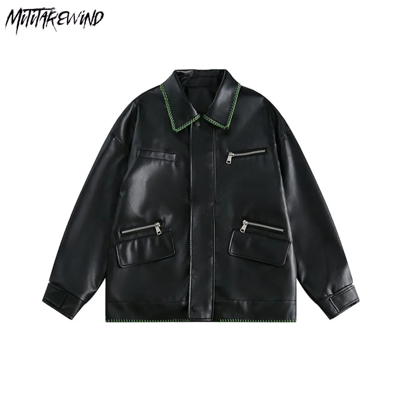 

Мужская байкерская куртка из искусственной кожи, черная Свободная Повседневная Уличная Одежда большого размера с отложным воротником, 2023