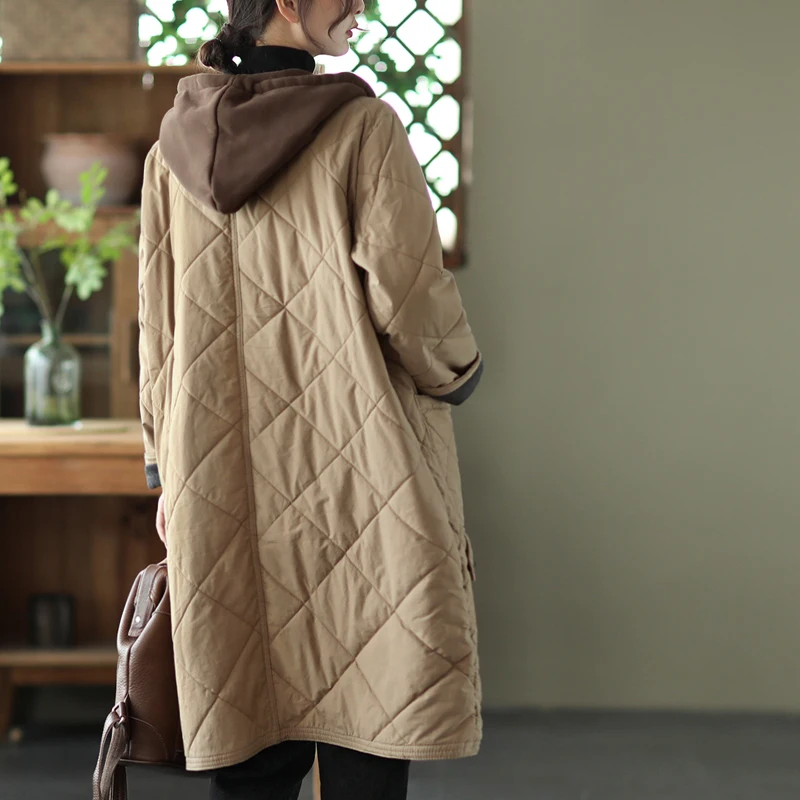 New Cotton Coats Famale Clothing Thicken Diamond Lattice Hooded Quilted Winter Jacket Women 2022 Solid Loose Long Padded Parkas