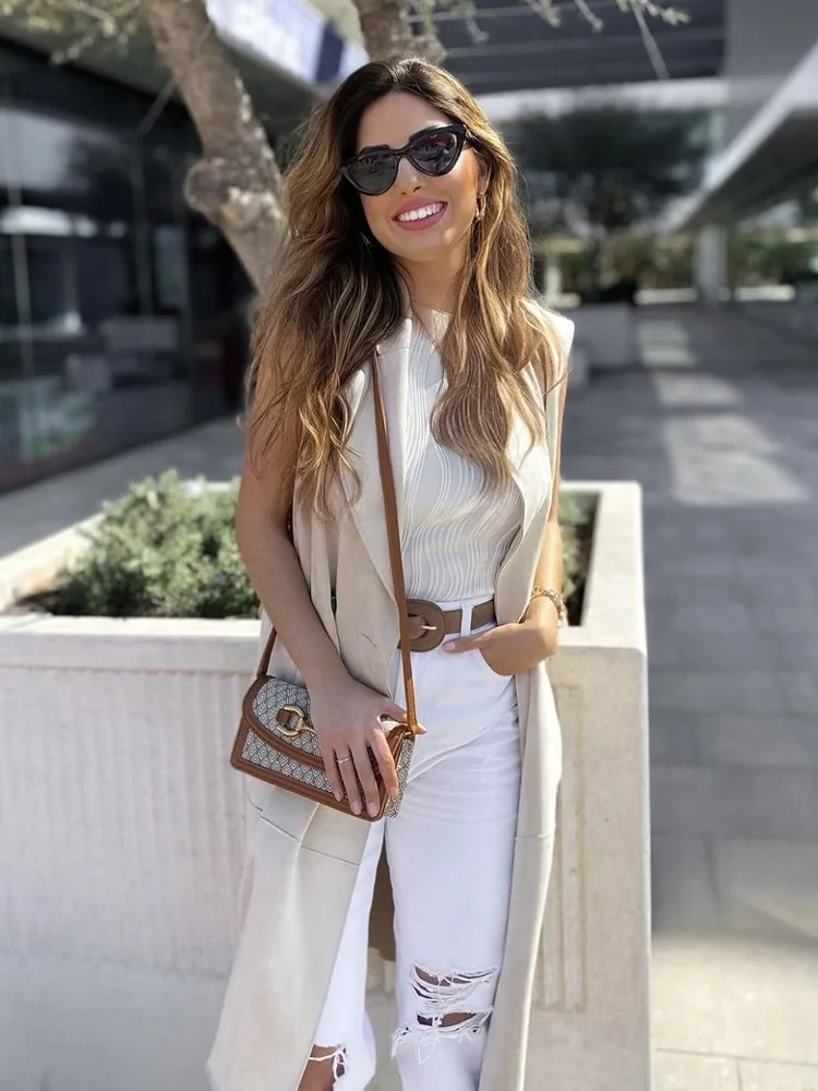 

2023 Autumn New Women's Belt Suede Long Tank Top Women Vest Turn-down Collar Sleeveless Cardigan Open Stitch Lady Waistcoat
