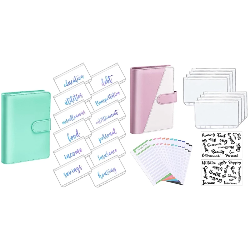 

2 Set PU Leather Notebook Binder Budget Planning Notepad Transparent Material Is Clear, Green & Pink