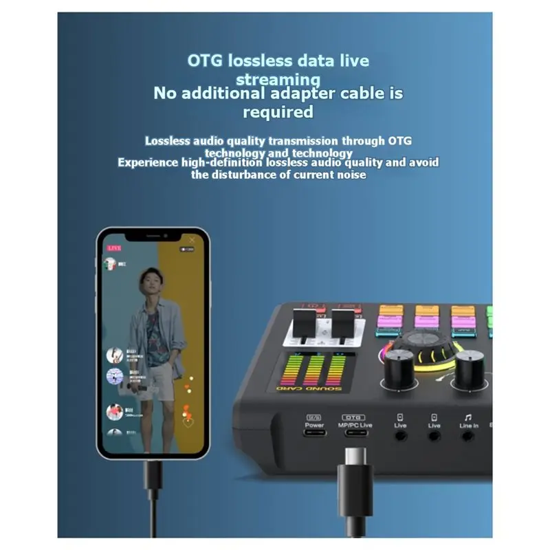Фото Звуковая карта ABJF, микрофон, аудиомикшер OTG, RGB, Bluetooth, профессиональный универсальный аудиомикшер для мобильных телефонов, компьютеров, прямых трансляций, караоке №2