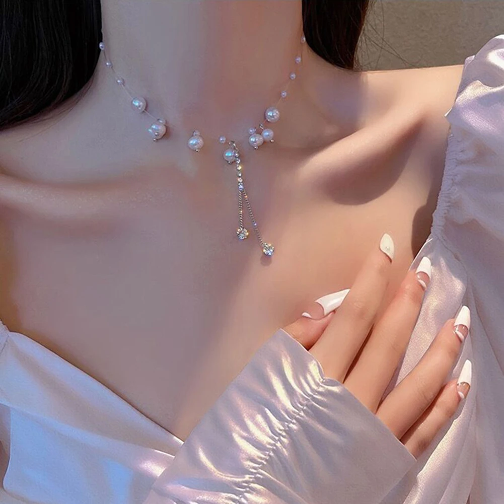 

Fashion Korean New Style All-match Temperament Inlaid Diamonds Light Luxury Niche Ladies Pearl Necklace/clavicle Chain Jewelry