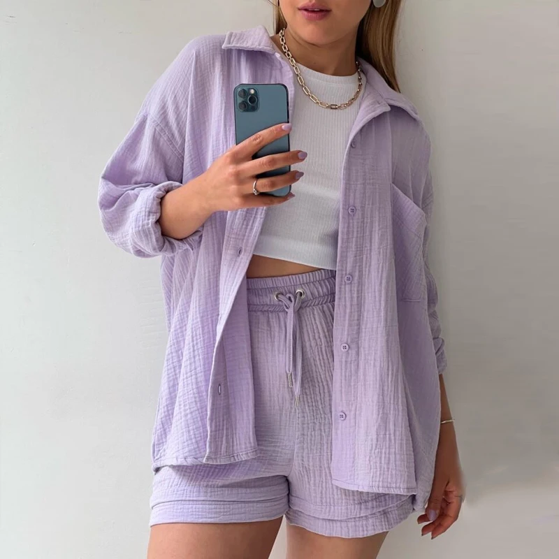 

2023 Pleated Shirt and Drawstring Shorts Women 2 Piece Set Long Sleeve High Waist Fashion Outfits Casual Pocket Lady Suit 26302