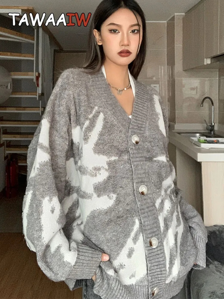 

Tawaaiw V-neck Streetwear Cardigan Women Warm 2023 Autumn Winter New Sweater Women Korean Fashion Knitted Ladies Jumpers Chic