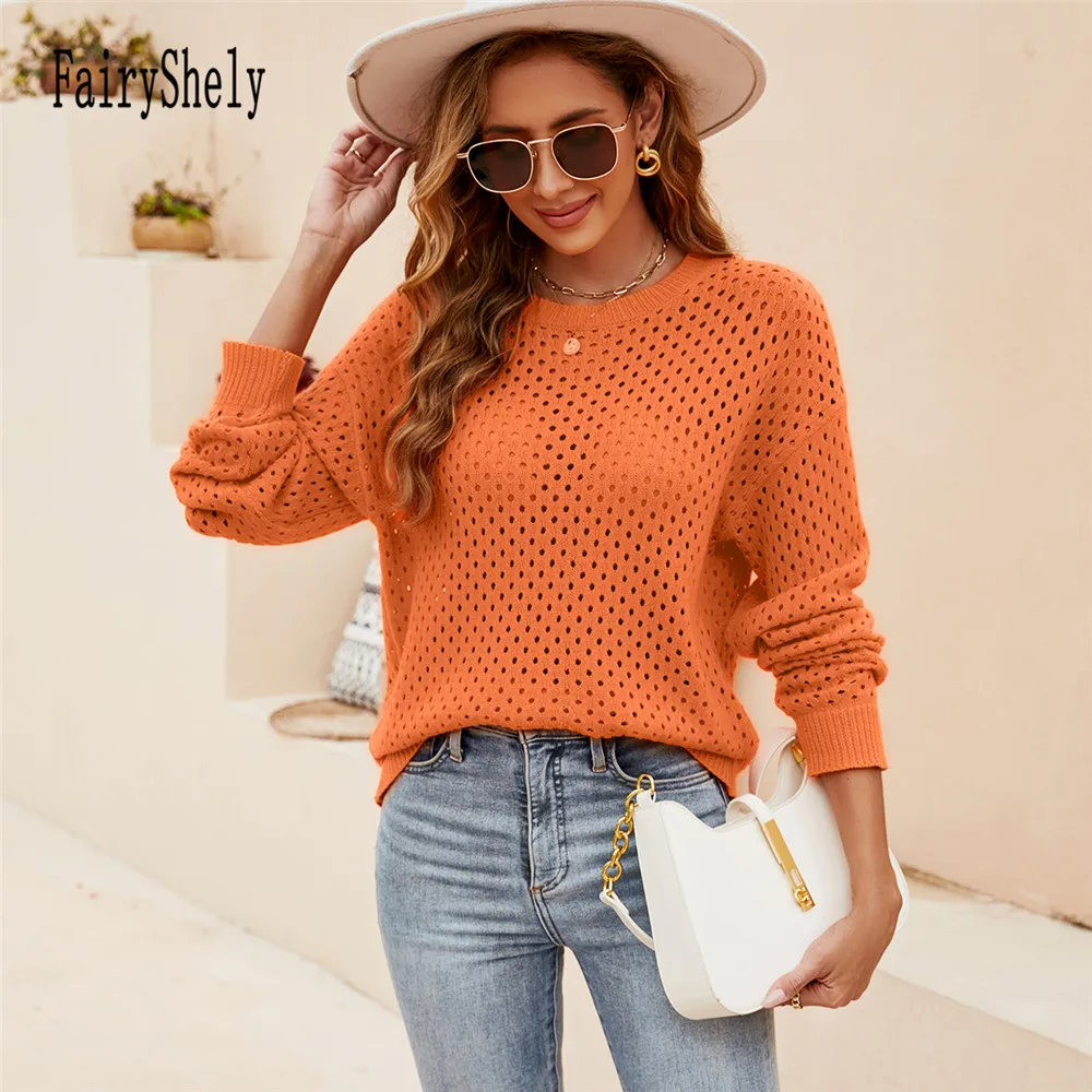 Fairyshely 2024 сексуальный однотонный вязаный свитер с вырезами для женщин пуловер