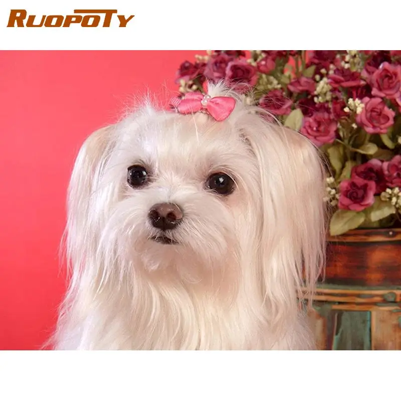 

RUOPOTY Full Drill Diamond Painting 5d Pink Bow Dog Picture Square New Arrival Diamond Embroidery Mosaic Kit Home Decor