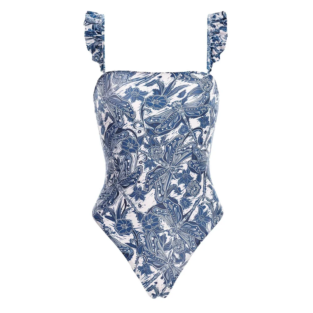 Фото Fashion Beach Swimwear 2025 Summer Sexy Beach Dress Two Piece Swimsuit Women Blue Dragonfly Print Bikini Tummy Control Swimsuit №3