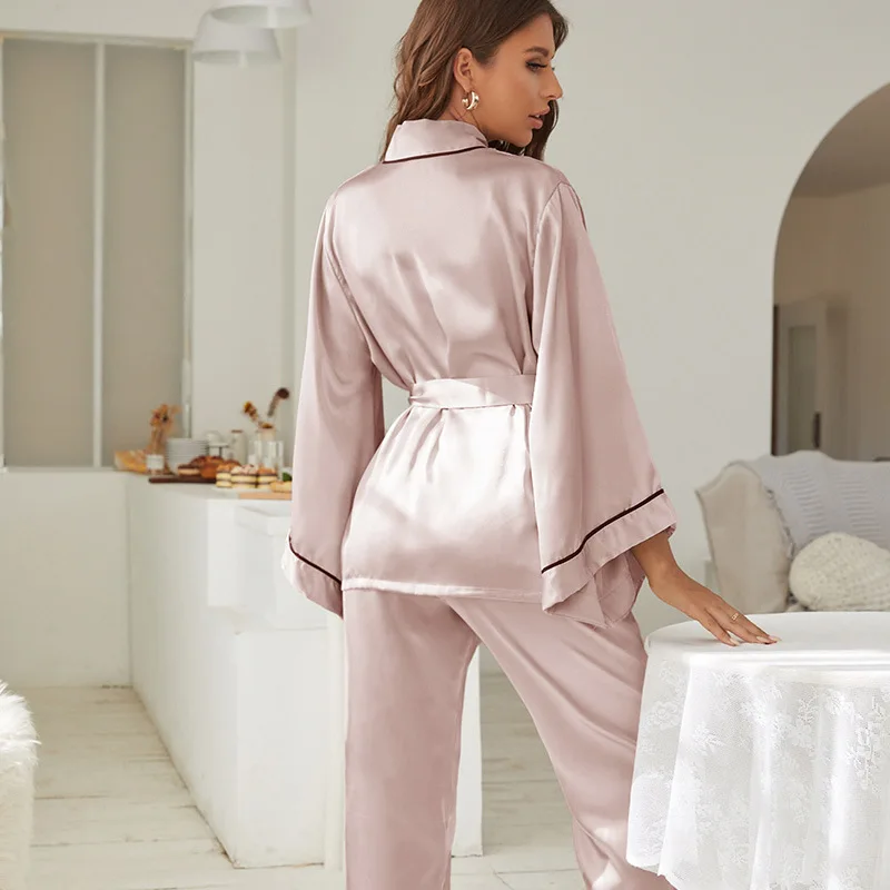 Daeyard 2Pcs Silk Satin Pajamas Women Spring Summer Long Sleeve Pajama Set Soft Chiffon Sleepwear Casual Robe Homewear