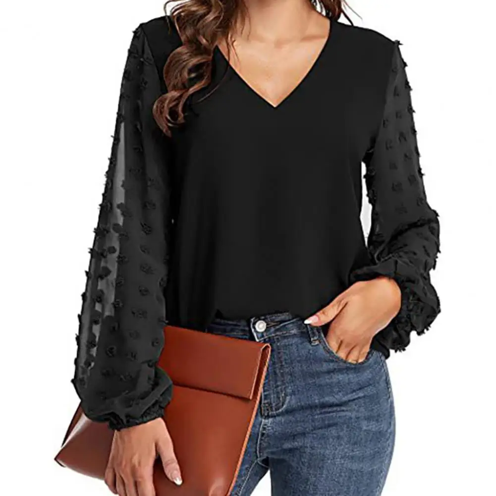 

V-Neck Loose Fit Solid Color Casual Blouse Jacquard Long Sleeve Splicing Chiffon Top Female Clothing Blusas Mujer De Moda 2022