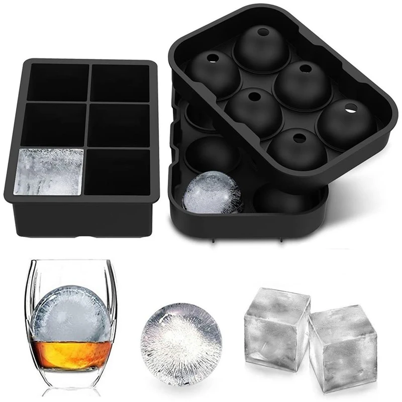 

6 Grids Ball Square Ice Cube Tray Mold Food Grade Silicone Reusable Ice Sphere Maker Mould With Lid BPA Free For Whisky Wine
