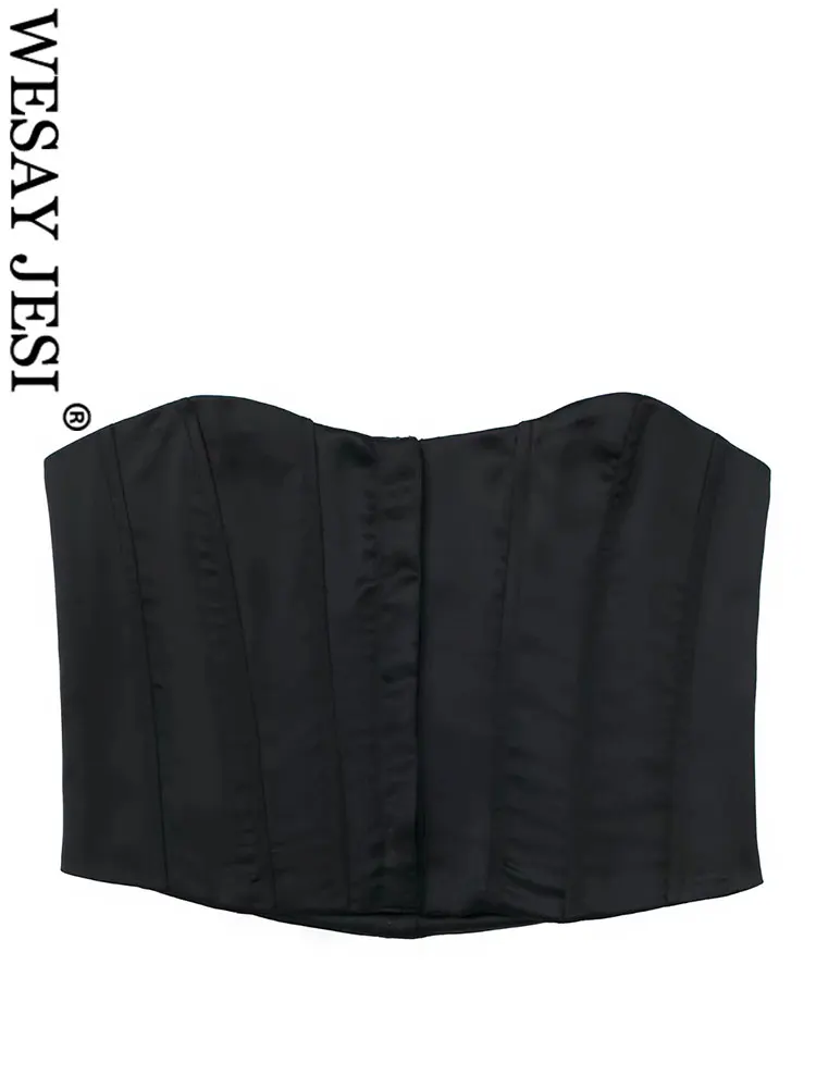 

WESAY JESI Tube Top Women Vest Sleeveless Strapless Solid Black Tight Slim Sexy Short Tank Top Front Buckle Fashion Clothing