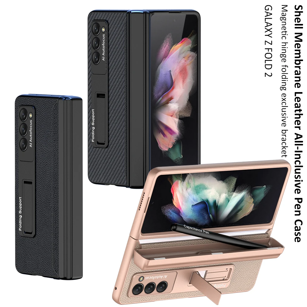 Plain Leather Magnetic Hinge Box Case for Samsung Galaxy Z Fold 2 5G S Pen Slot Holder Kickstand Hard Cover With Touch Pen