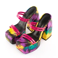 colorful tie dye print soft square toe sandals spring summer new style platform heel shoes for women slip on big size 44